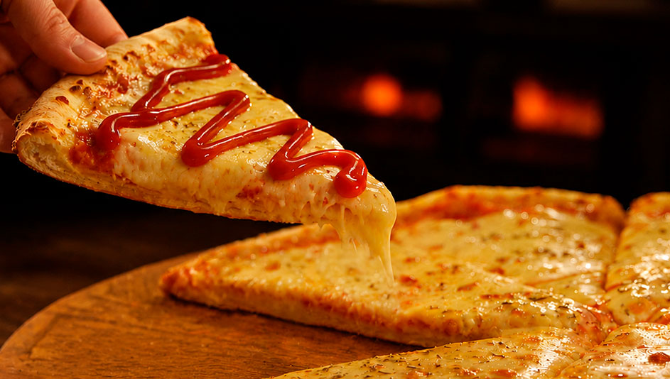 Pizza servida com Ketchup